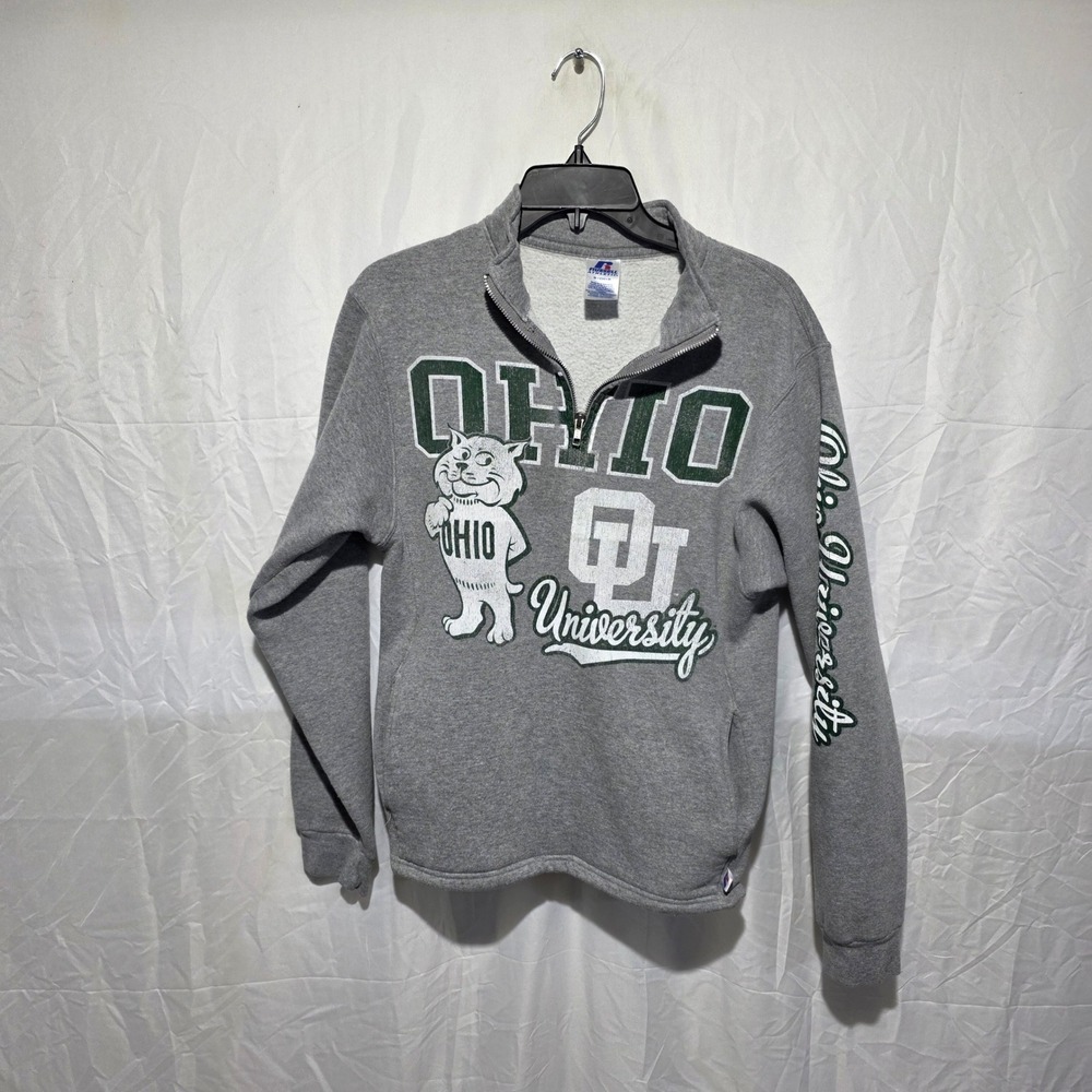 Russell Athletic Ohio University Bobcats Quarter Zip Sweatshirt Gray Small